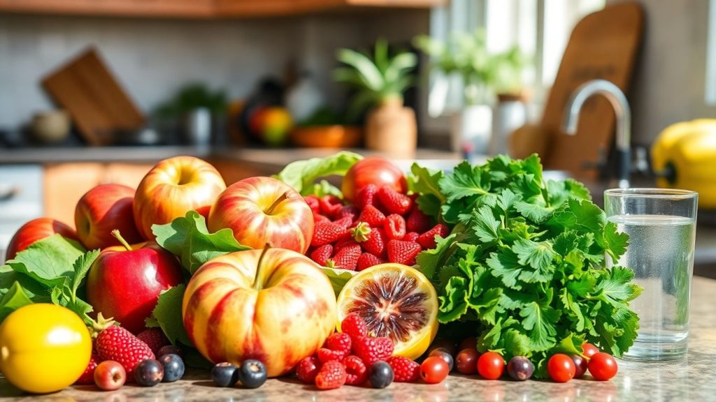 Fresh fruits and vegetables on a kitchen counter.