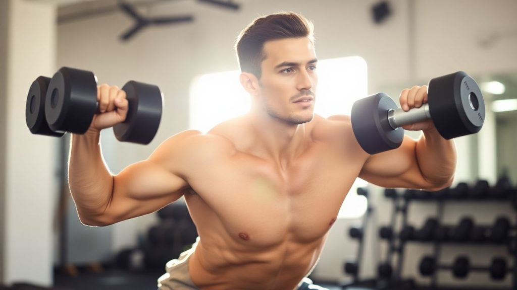 Person lunging with dumbbells, strong posture, sunlight.