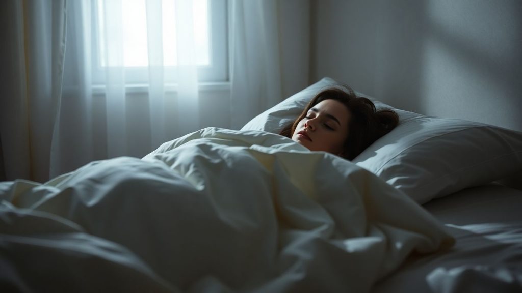 Person sleeping peacefully in a moonlit bedroom.