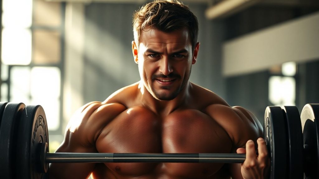 Muscular man lifting heavy barbell in gym